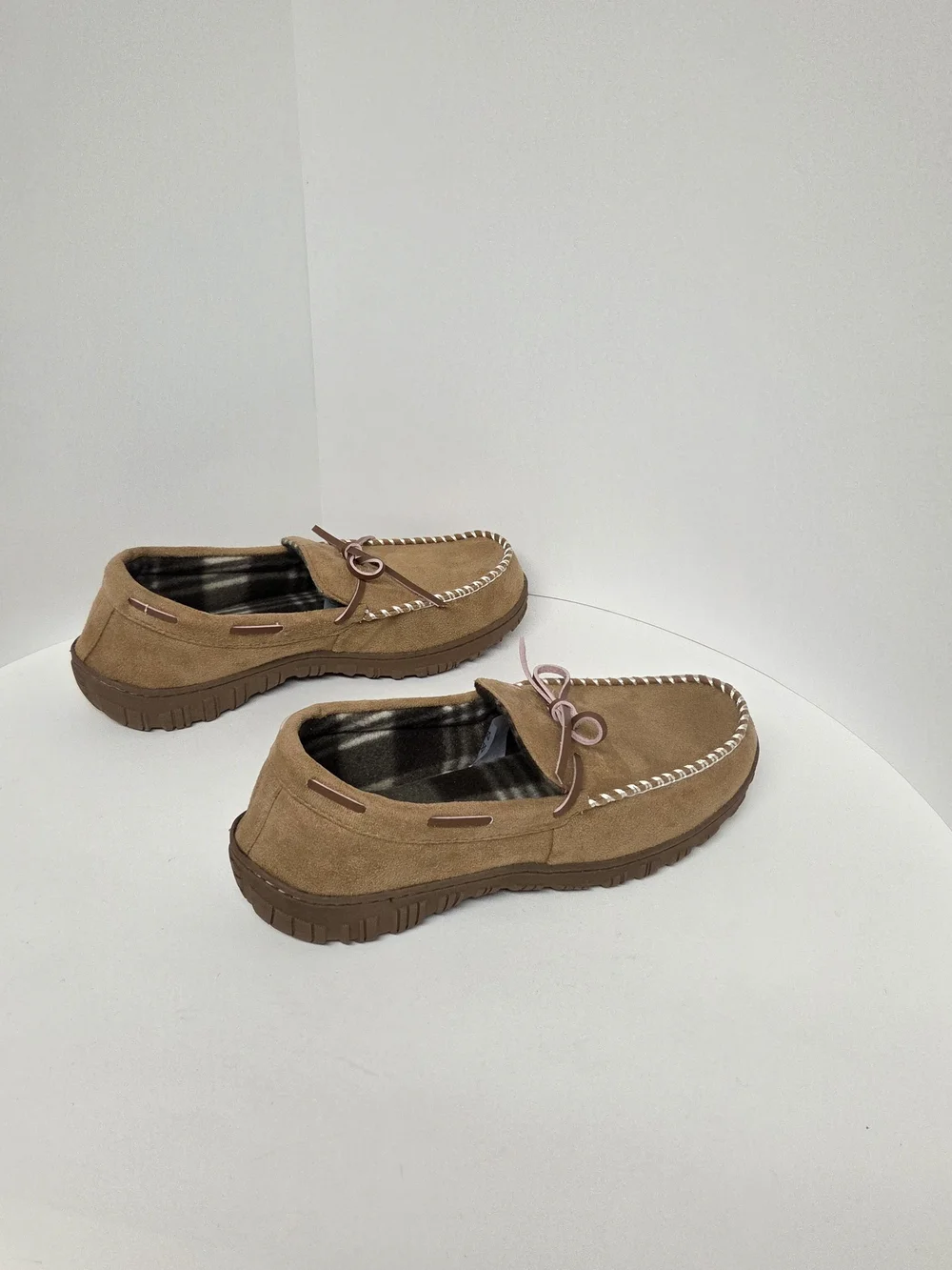 Men's Suede-Look Slip-On Moccasins in Tan with Plaid Lining. Size 10 #0252